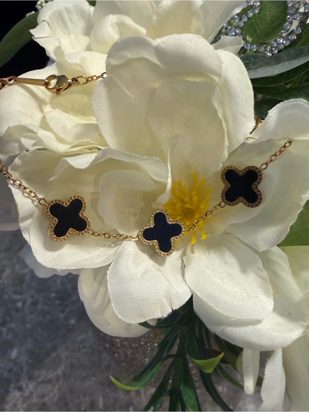 Gold Plated Black Clover-Link Necklace — Women Jewelry